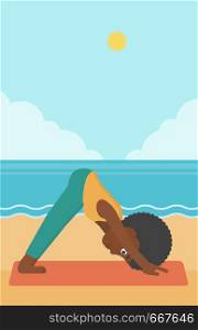 An african-american woman standing in yoga downward facing dog pose on the beach vector flat design illustration. Vertical layout.. Woman practicing yoga.