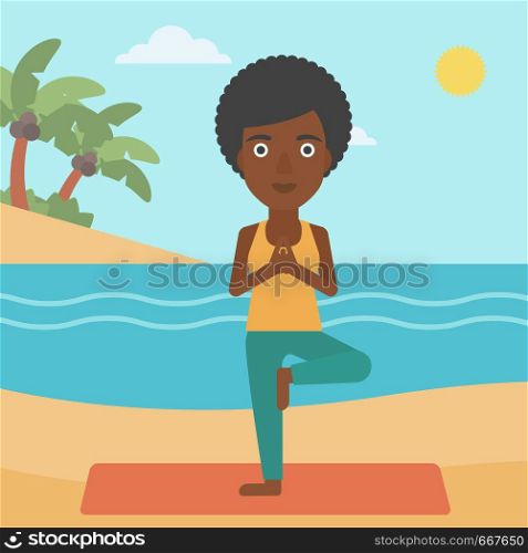An african-american woman standing in yoga tree pose on the beach vector flat design illustration. Square layout.. Woman practicing yoga.