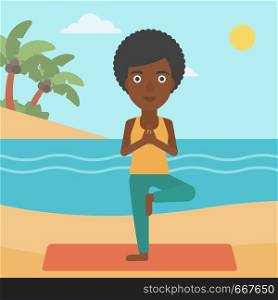 An african-american woman standing in yoga tree pose on the beach vector flat design illustration. Square layout.. Woman practicing yoga.