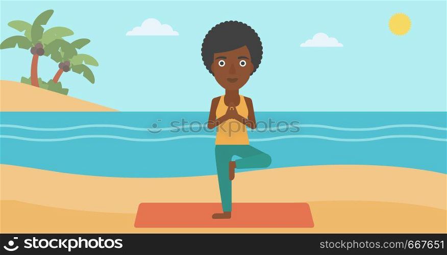 An african-american woman standing in yoga tree pose on the beach vector flat design illustration. Horizontal layout.. Woman practicing yoga.