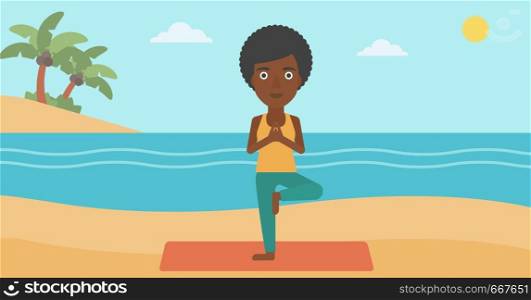 An african-american woman standing in yoga tree pose on the beach vector flat design illustration. Horizontal layout.. Woman practicing yoga.