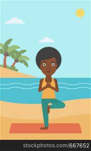 An african-american woman standing in yoga tree pose on the beach vector flat design illustration. Vertical layout.. Woman practicing yoga.