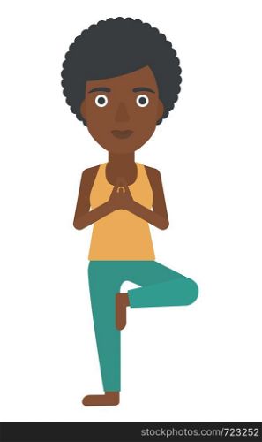 An african-american woman standing in yoga tree pose vector flat design illustration isolated on white background.. Woman practicing yoga.