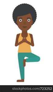 An african-american woman standing in yoga tree pose vector flat design illustration isolated on white background.. Woman practicing yoga.