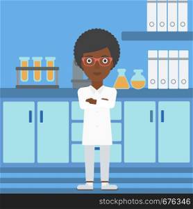 An african-american woman standing on the background of laboratory vector flat design illustration. Square layout.. Female laboratory assistant.