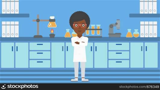 An african-american woman standing on the background of laboratory vector flat design illustration. Horizontal layout.. Female laboratory assistant.