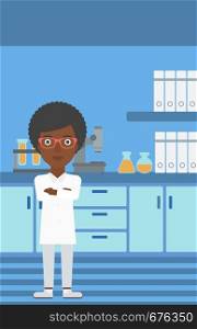 An african-american woman standing on the background of laboratory vector flat design illustration. Vertical layout.. Female laboratory assistant.