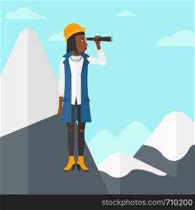 An african-american woman standing on the top of mountain and looking through spyglass on the background of blue sky vector flat design illustration. Square layout.. Business woman looking through spyglass.