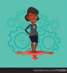 An african-american woman standing on three alternative career ways. Young woman choosing career way. Concept of career choices. Vector flat design illustration. Square layout.. Woman choosing career way vector illustration.