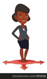 An african-american woman standing on three alternative career ways. Young woman choosing career way. Concept of career choices. Vector flat design illustration isolated on white background.. Woman choosing career way vector illustration.