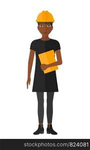 An african-american woman standing with a laptop in hand vector flat design illustration isolated on white background. . Woman holding laptop.