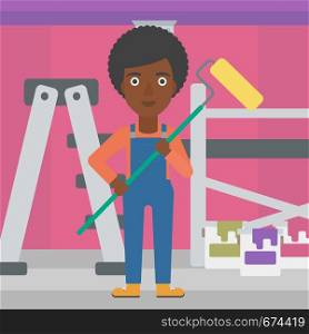 An african-american woman standing with a paint roller on a background of room with paint cans and ladder vector flat design illustration. Square layout.. Painter with paint roller.