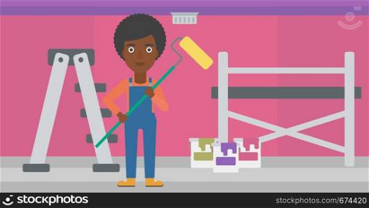 An african-american woman standing with a paint roller on a background of room with paint cans and ladder vector flat design illustration. Horizontal layout.. Painter with paint roller.