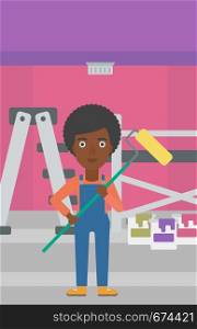 An african-american woman standing with a paint roller on a background of room with paint cans and ladder vector flat design illustration. Vertical layout.. Painter with paint roller.