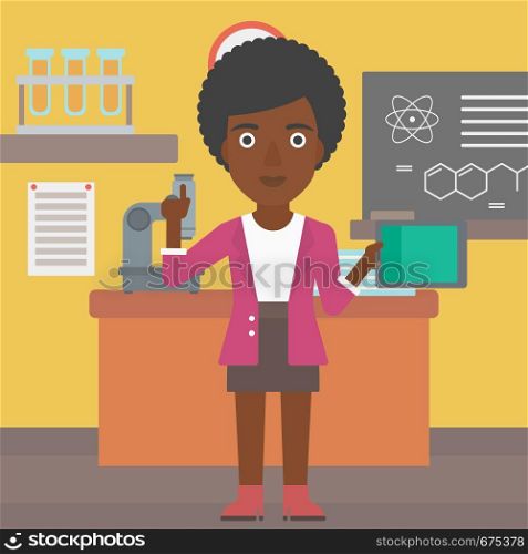 An african-american woman standing with a tablet computer and pointing her forefinger up on the background of chemistry class vector flat design illustration. Square layout.. Woman holding tablet computer.
