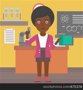An african-american woman standing with a tablet computer and pointing her forefinger up on the background of chemistry class vector flat design illustration. Square layout.. Woman holding tablet computer.