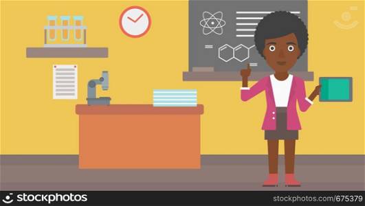 An african-american woman standing with a tablet computer and pointing her forefinger up on the background of chemistry class vector flat design illustration. Horizontal layout.. Woman holding tablet computer.
