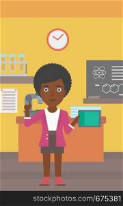 An african-american woman standing with a tablet computer and pointing her forefinger up on the background of chemistry class vector flat design illustration. Vertical layout.. Woman holding tablet computer.