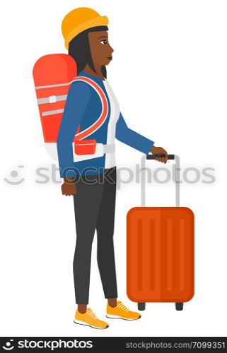 An african-american woman standing with backpack and a suitcase vector flat design illustration isolated on white background.. Woman with bzckpack and briefcase.