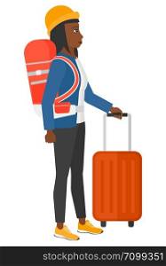 An african-american woman standing with backpack and a suitcase vector flat design illustration isolated on white background.. Woman with bzckpack and briefcase.