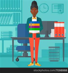 An african-american woman standing with pile of folders on the background of business office vector flat design illustration. Square layout.. Woman holding pile of folders.