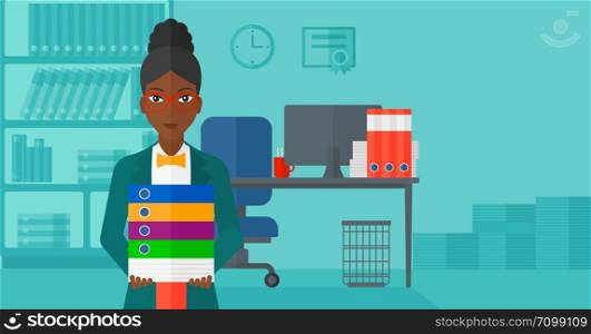 An african-american woman standing with pile of folders on the background of business office vector flat design illustration. Horizontal layout.. Woman holding pile of folders.