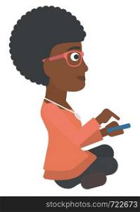 An african-american woman using mobile phone vector flat design illustration isolated on white background. . Woman using mobile phone.