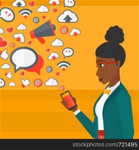 An african-american woman using smartphone with lots of social media application icons flying out vector flat design illustration isolated on yellow background. Square layout.. Social media applications.