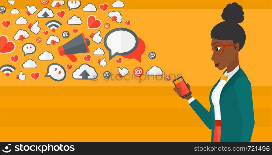 An african-american woman using smartphone with lots of social media application icons flying out vector flat design illustration isolated on yellow background. Horizontal layout.. Social media applications.