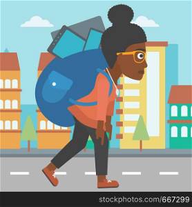 An african-american woman walking with a big backpack full of different devices on a city background vector flat design illustration. Square layout.. Woman with backpack full of devices.