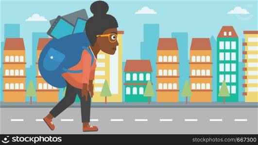 An african-american woman walking with a big backpack full of different devices on a city background vector flat design illustration. Horizontal layout.. Woman with backpack full of devices.