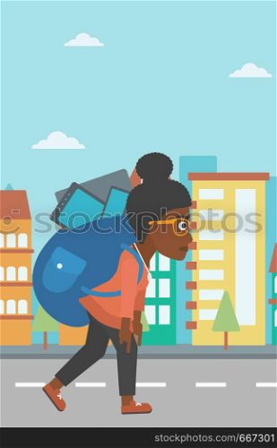 An african-american woman walking with a big backpack full of different devices on a city background vector flat design illustration. Vertical layout.. Woman with backpack full of devices.