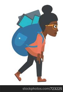 An african-american woman walking with a big backpack full of different devices vector flat design illustration isolated on white background.. Woman with backpack full of devices.