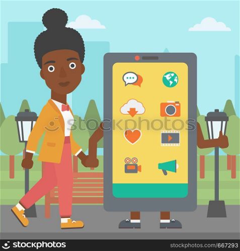 An african-american woman walking with a big smartphone in the park vector flat design illustration. Square layout.. Woman walking with smartphone.