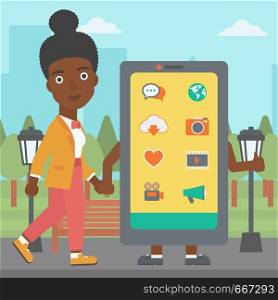 An african-american woman walking with a big smartphone in the park vector flat design illustration. Square layout.. Woman walking with smartphone.