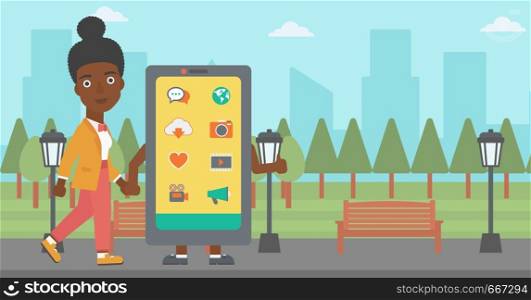 An african-american woman walking with a big smartphone in the park vector flat design illustration. Horizontal layout.. Woman walking with smartphone.