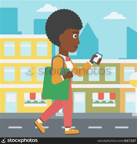An african-american woman walking with a smartphone on a city background vector flat design illustration. Square layout.. Woman walking with smartphone.