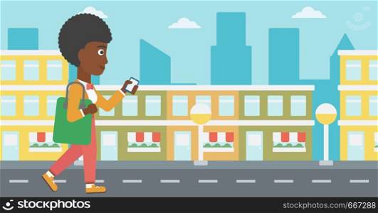 An african-american woman walking with a smartphone on a city background vector flat design illustration. Horizontal layout.. Woman walking with smartphone.