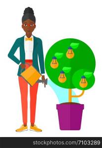 An african-american woman watering a tree growing in pot with light bulbs instead flowers vector flat design illustration isolated on white background. . Woman watering tree with light bulbs.