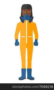 An african-american woman wearing a protective chemical suit for toxic atmosphere vector flat design illustration isolated on white background. . Woman in protective chemical suit.