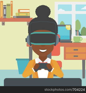 An african-american woman wearing a virtual reality headset. Smiling woman playing video games with a wireless game controller in hands. Vector flat design illustration. Square layout.. Woman wearing virtual reality headset.