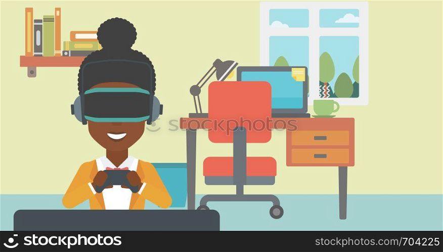 An african-american woman wearing a virtual reality headset. Smiling woman playing video games with a wireless game controller in hands. Vector flat design illustration. Horizontal layout.. Woman wearing virtual reality headset.