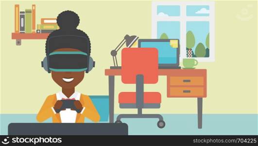 An african-american woman wearing a virtual reality headset. Smiling woman playing video games with a wireless game controller in hands. Vector flat design illustration. Horizontal layout.. Woman wearing virtual reality headset.