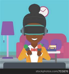 An african-american woman wearing a virtual reality headset and holding motion controllers in hands. Woman playing video games in apartment. Vector flat design illustration. Square layout.. Woman wearing virtual reality headset.