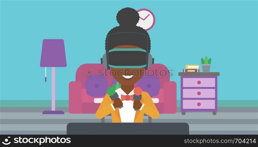 An african-american woman wearing a virtual reality headset and holding motion controllers in hands. Woman playing video games in apartment. Vector flat design illustration. Horizontal layout.. Woman wearing virtual reality headset.