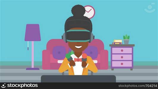 An african-american woman wearing a virtual reality headset and holding motion controllers in hands. Woman playing video games in apartment. Vector flat design illustration. Horizontal layout.. Woman wearing virtual reality headset.