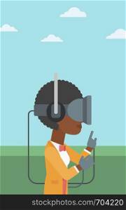 An african-american woman wearing a virtual reality headset. Woman playing video games outdoor. Woman wearing gamer gloves. Vector flat design illustration. Vertical layout.. Woman wearing virtual reality headset.