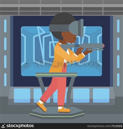 An african-american woman wearing virtual reality headset. Woman playing video game while standing on a treadmill with a gun in hands. Vector flat design illustration. Square layout.. Woman wearing virtual reality headset.