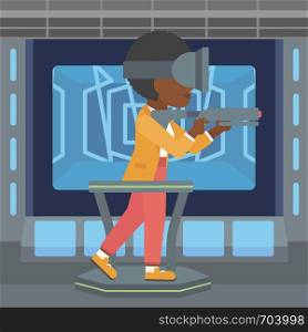 An african-american woman wearing virtual reality headset. Woman playing video game while standing on a treadmill with a gun in hands. Vector flat design illustration. Square layout.. Woman wearing virtual reality headset.