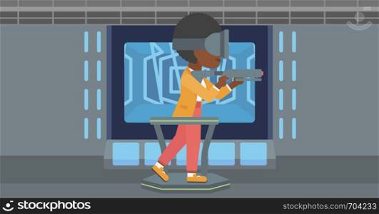 An african-american woman wearing virtual reality headset. Woman playing video game while standing on a treadmill with a gun in hands. Vector flat design illustration. Horizontal layout.. Woman wearing virtual reality headset.